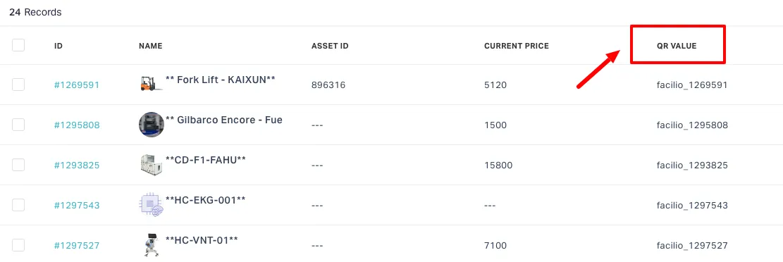 QR Code Value for each asset