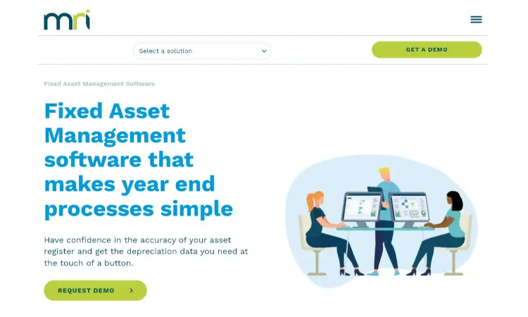 Animated co-workers on an office table with bold text "Fixed Asset Management software that make year end processes simple”