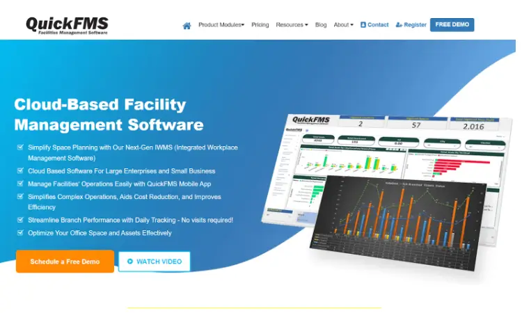 QuickFMS UI dashboards showing data and analytics of facility management