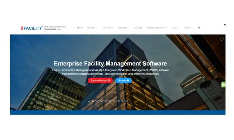 Backdrop picture of an enterprise’s skyscraper building with text “Enterprise facility Management Software