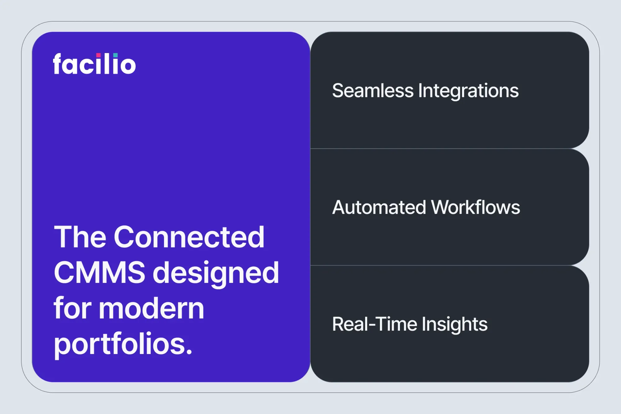 Minimalistic graphic highlighting connected CMMS features like seamless integrations, automated workflows, and real-time insights for facility management platforms.