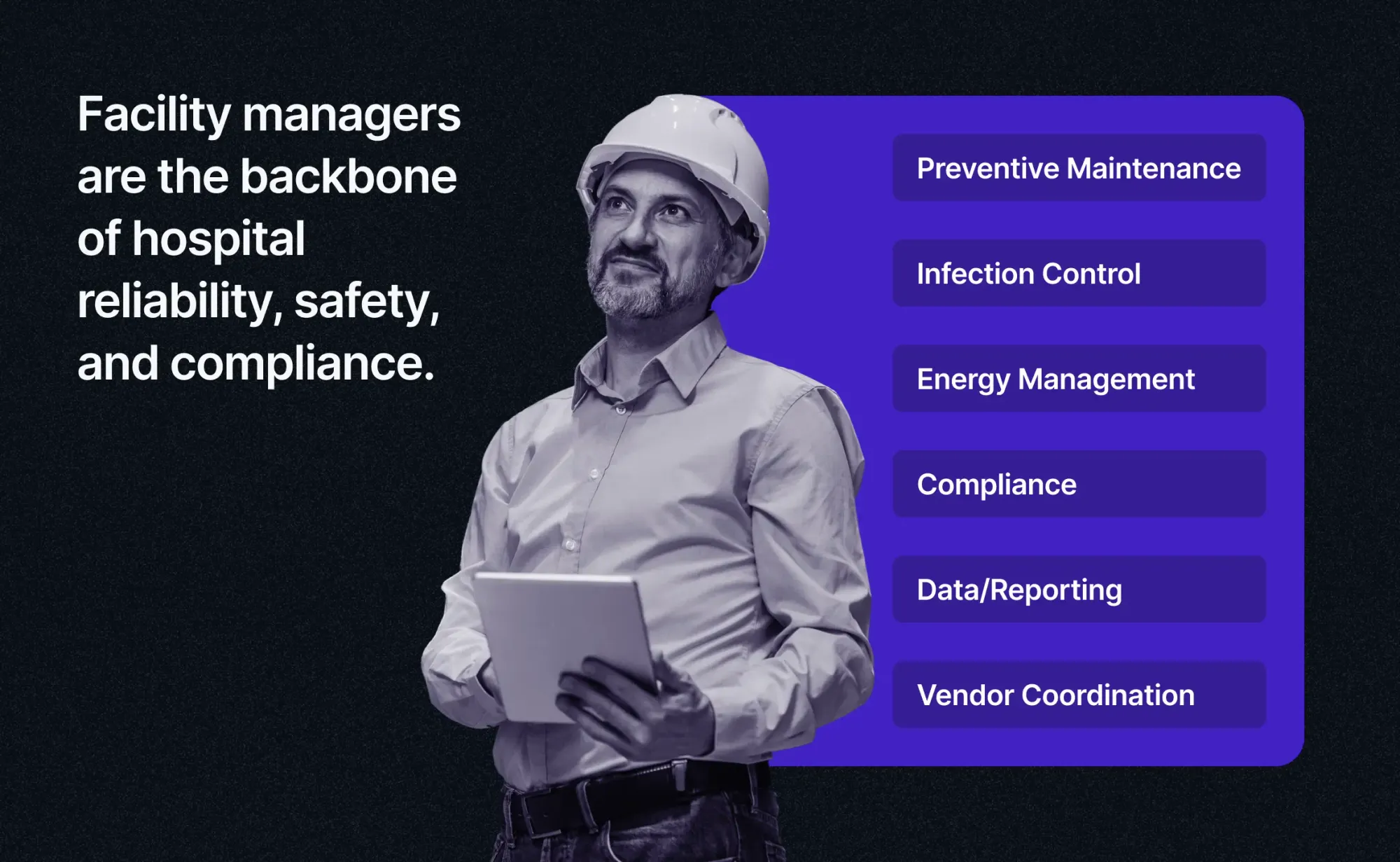 Key roles of facility managers in hospital CMMS: compliance, PM, infection control.