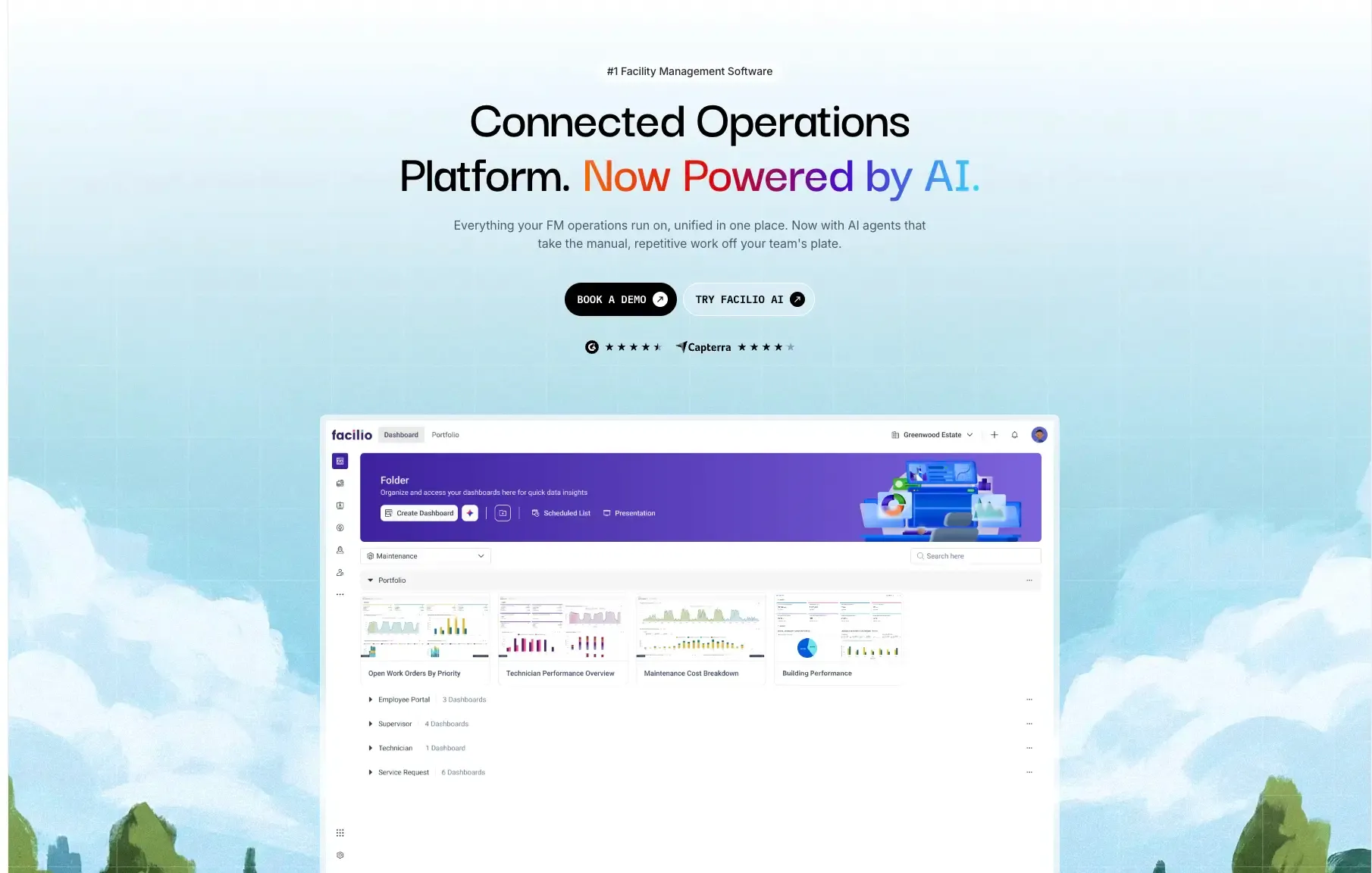 Facilio CMMS dashboard for multi-site facilities management