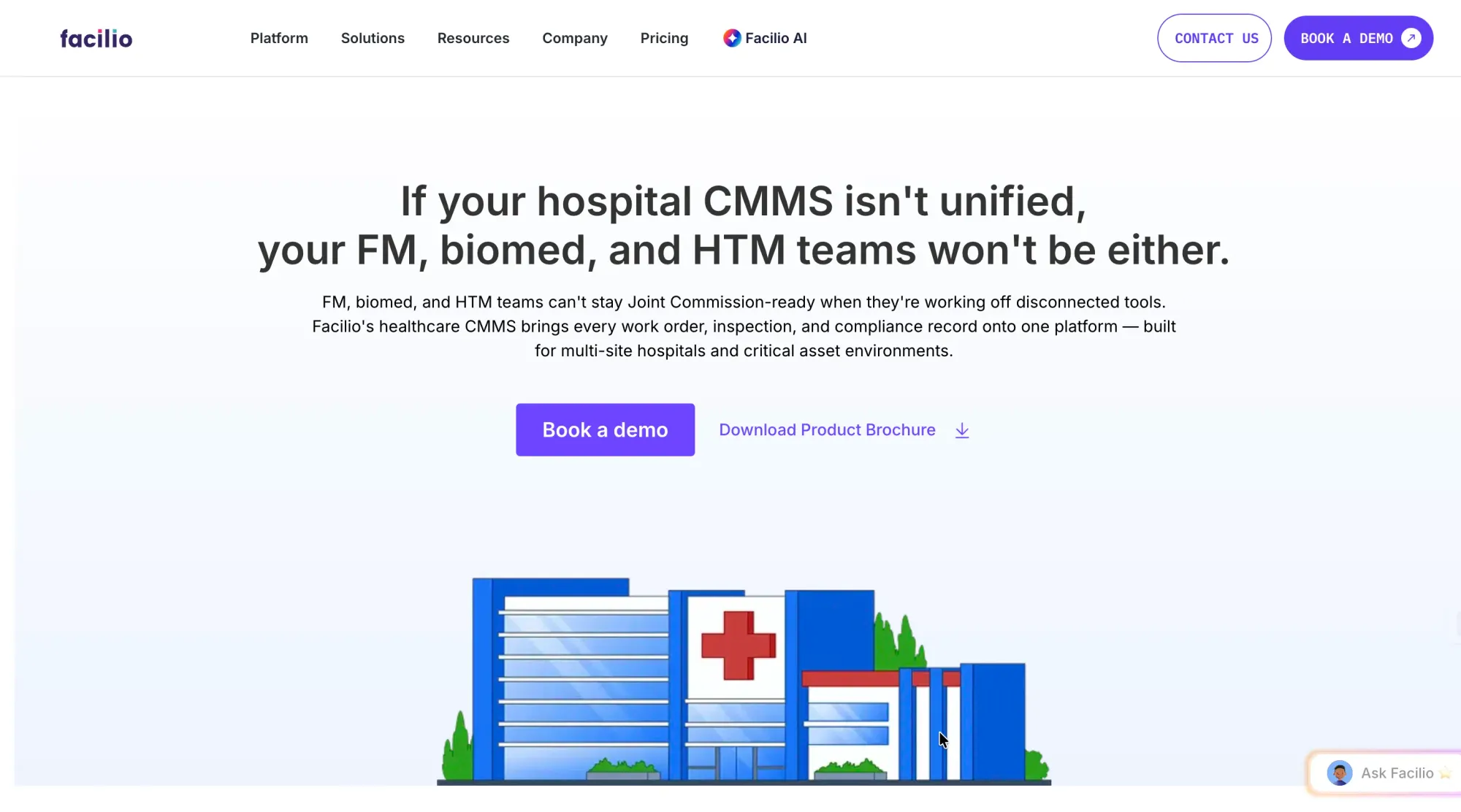 Facilio healthcare CMMS platform — unified hospital maintenance management for FM, biomed, and HTM teams