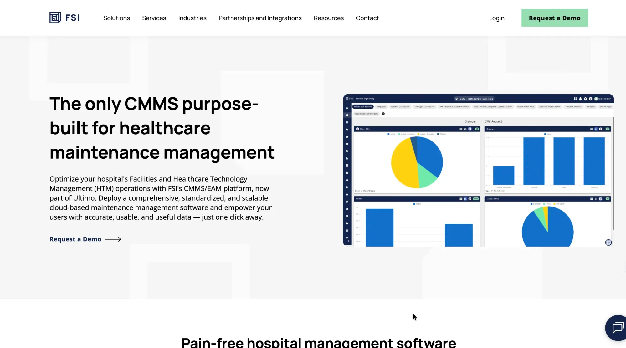 FSI Services healthcare CMMS dashboard — purpose-built hospital maintenance management software