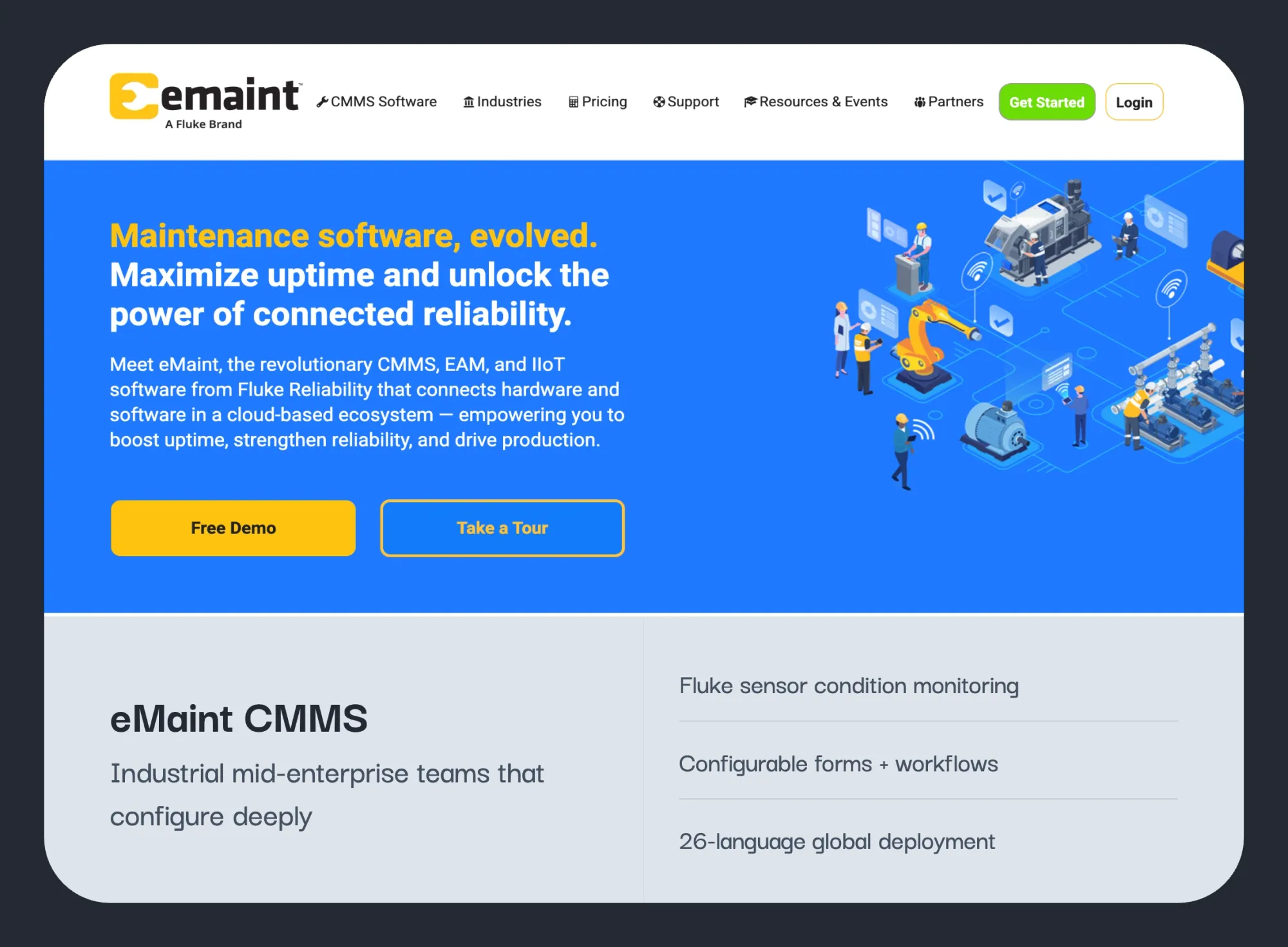 eMaint configurable CMMS with Fluke sensors as an IBM Maximo alternative