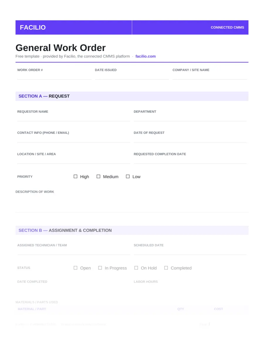 Basic work order template with fields for job details