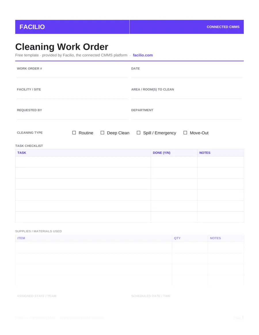 Cleaning work order template for custodial task tracking