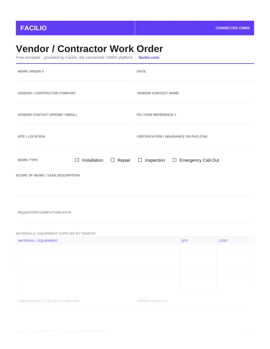 Contractor work order template with scope and cost fields