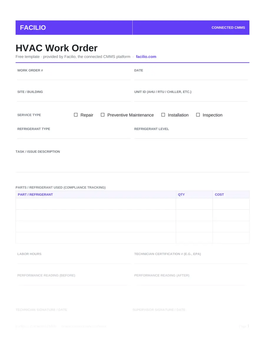 HVAC work order template with refrigerant log fields