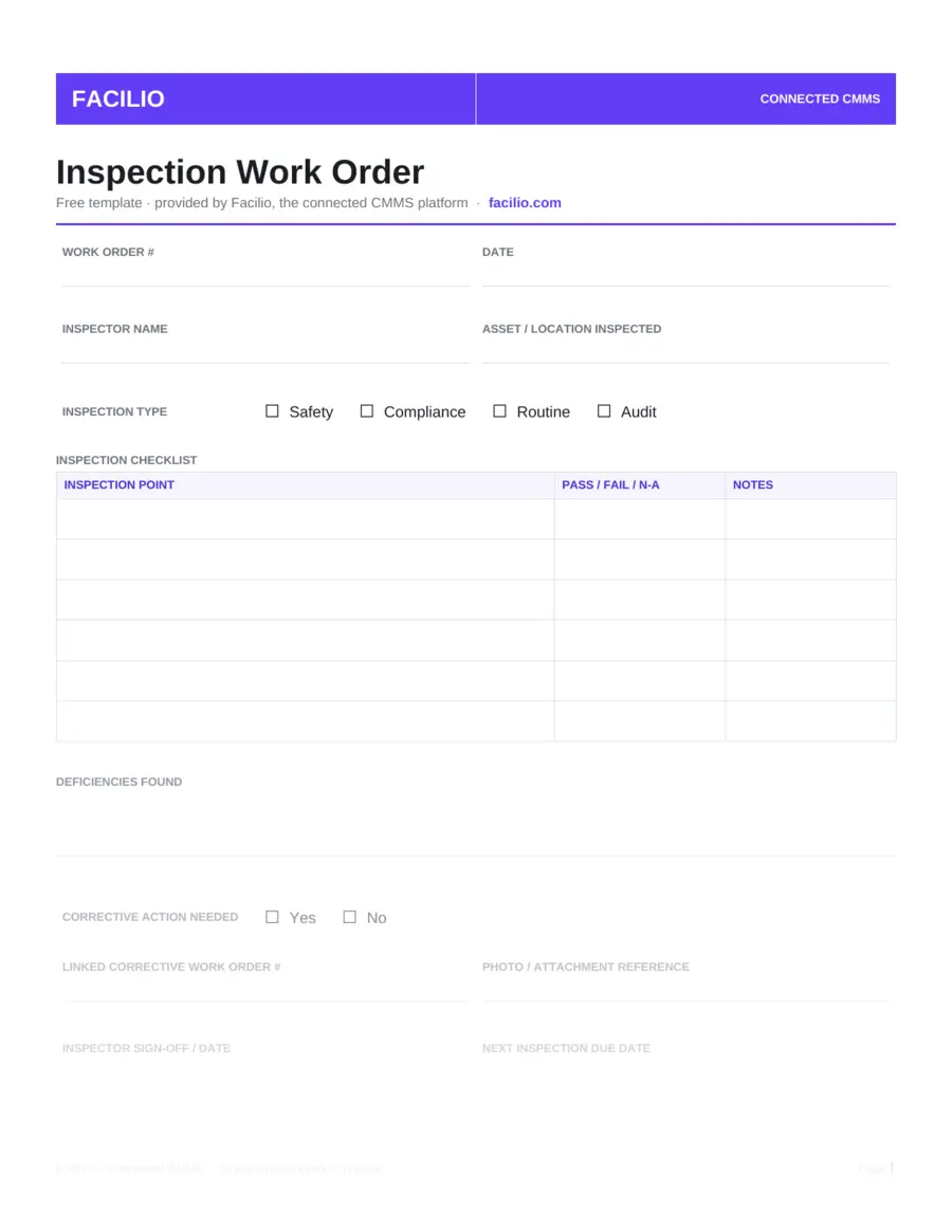 Inspection work order template with pass/fail checklist
