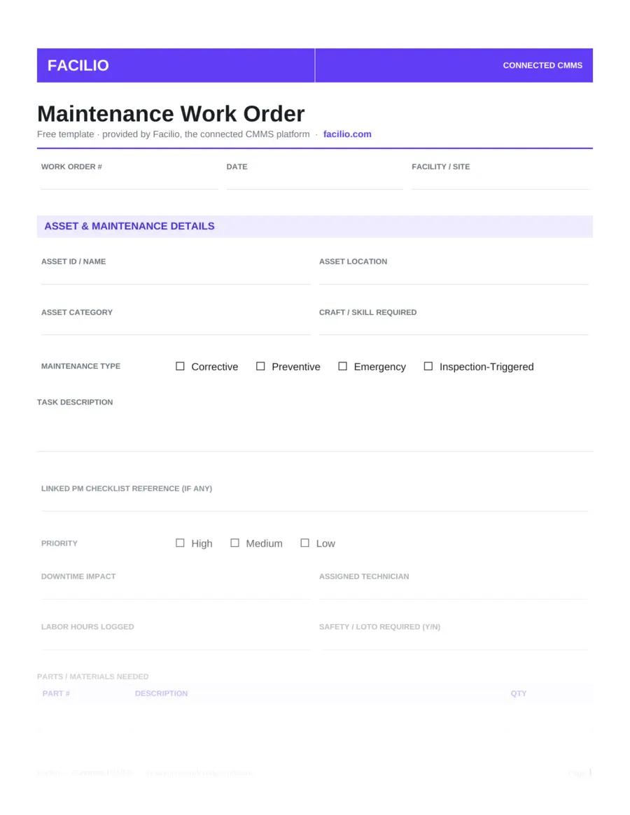 Maintenance work order template with task and parts fields