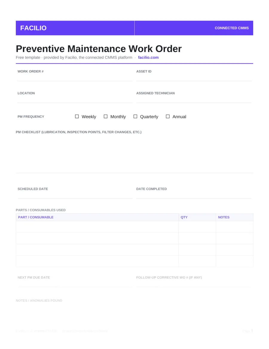 Preventive maintenance work order form with task checklist