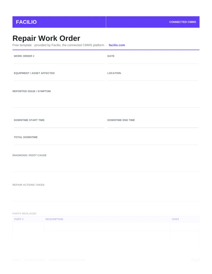 Repair work order template with root cause and parts