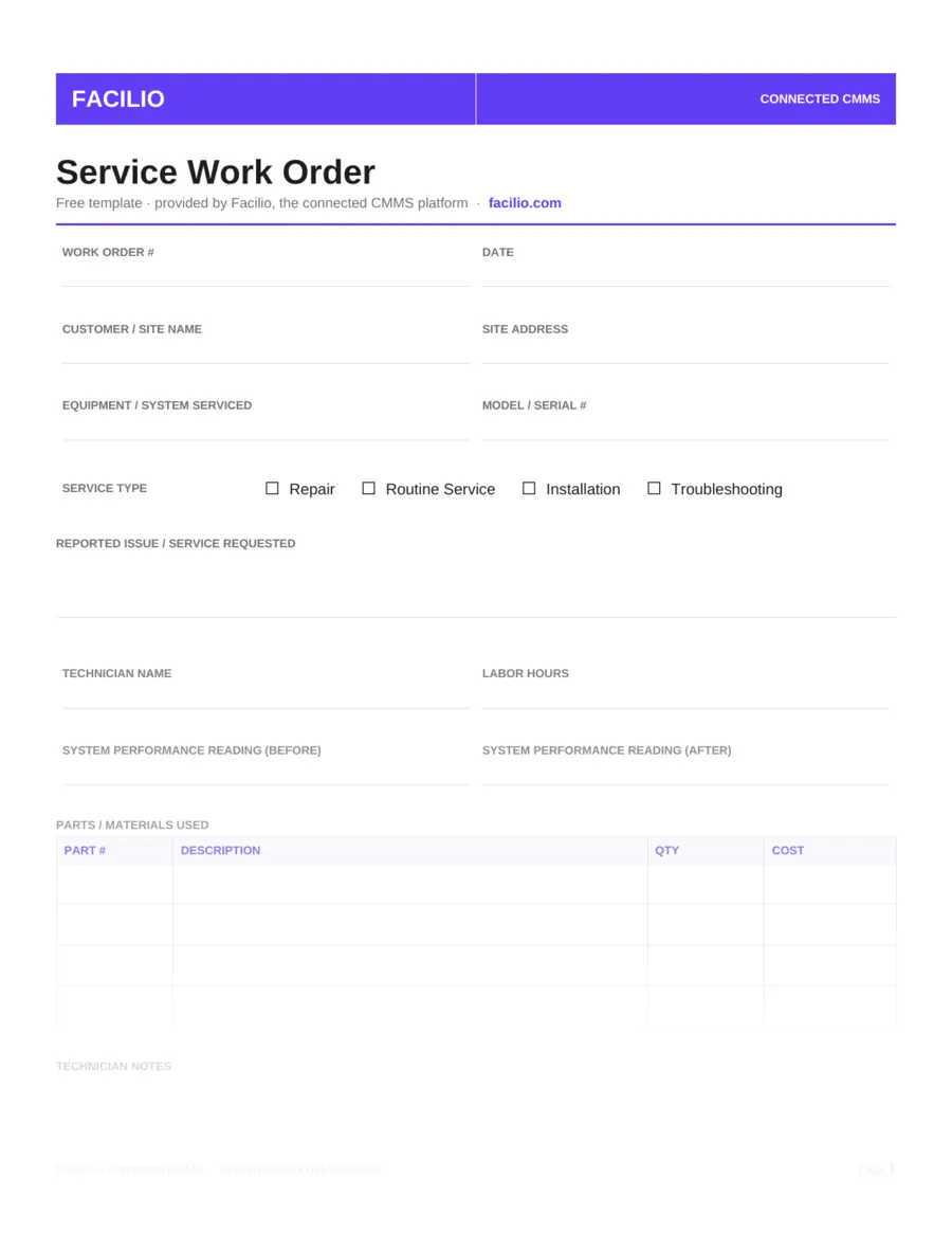 Service work order template with technician notes fields