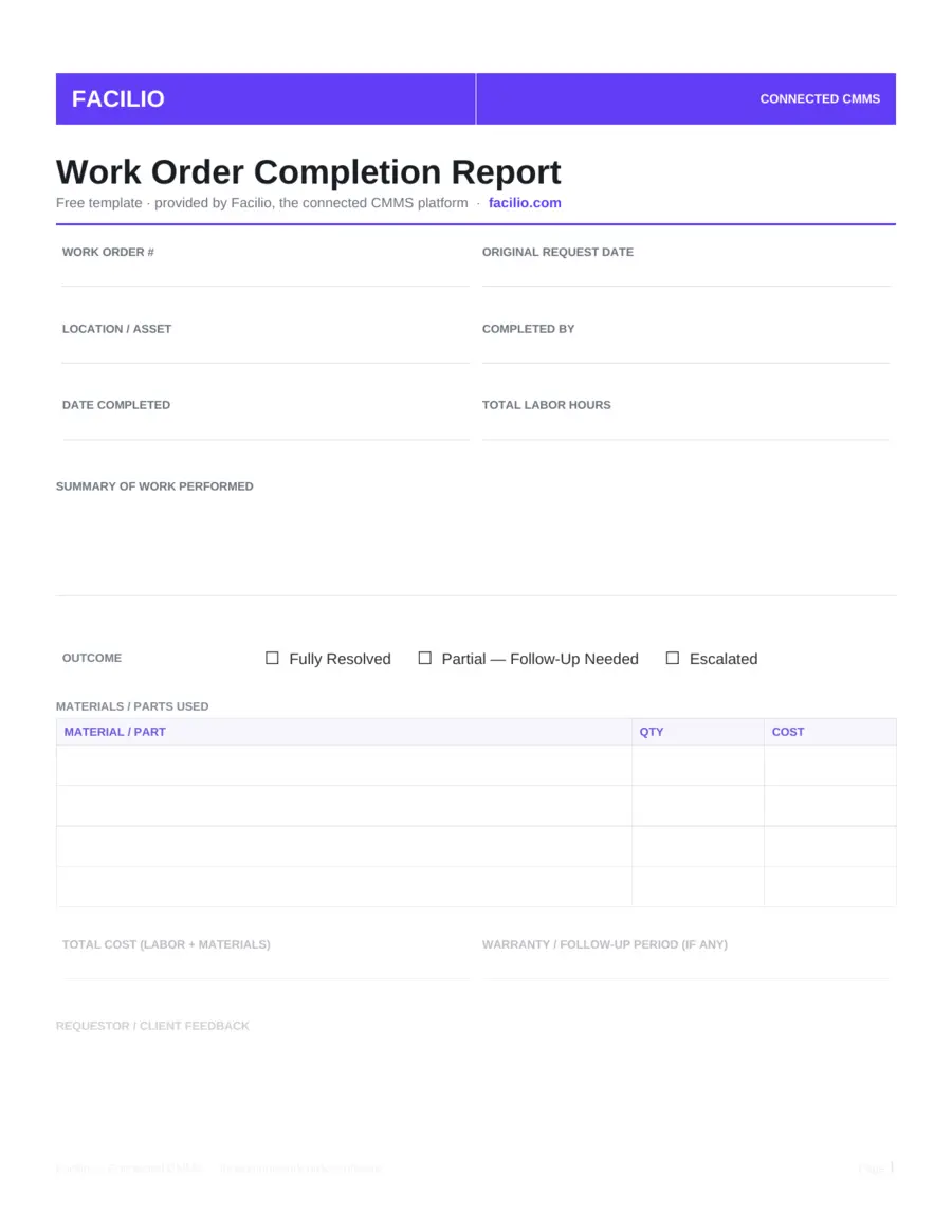Work order completion template with sign-off section