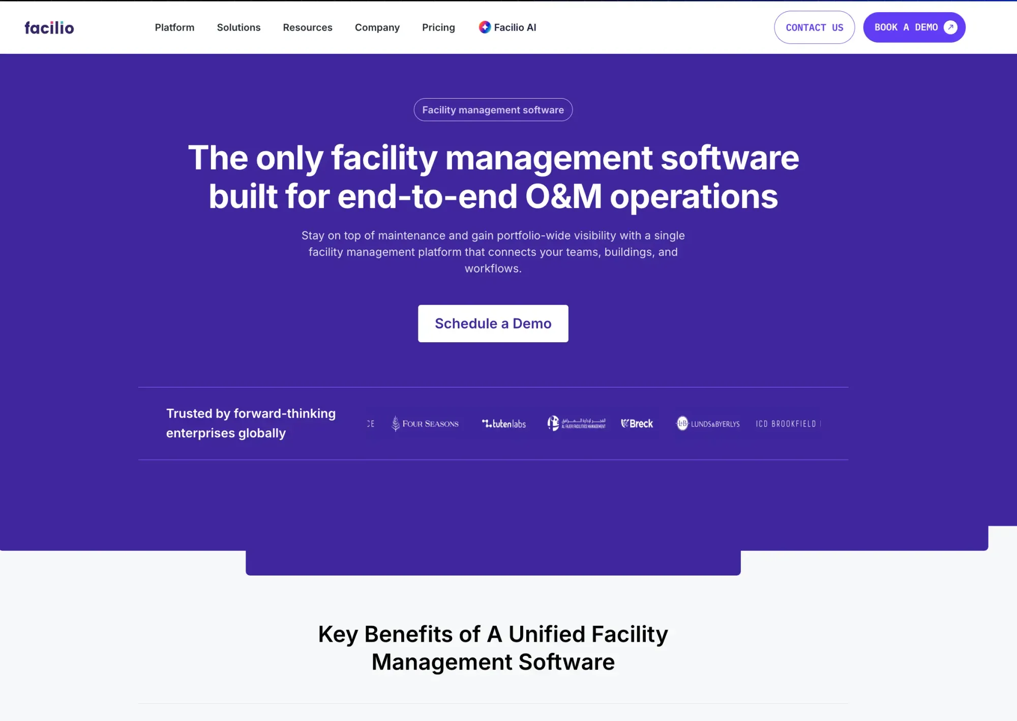 Facilio facility management software homepage highlighting its platform built for end-to-end O&M operations across a multi-site portfolio