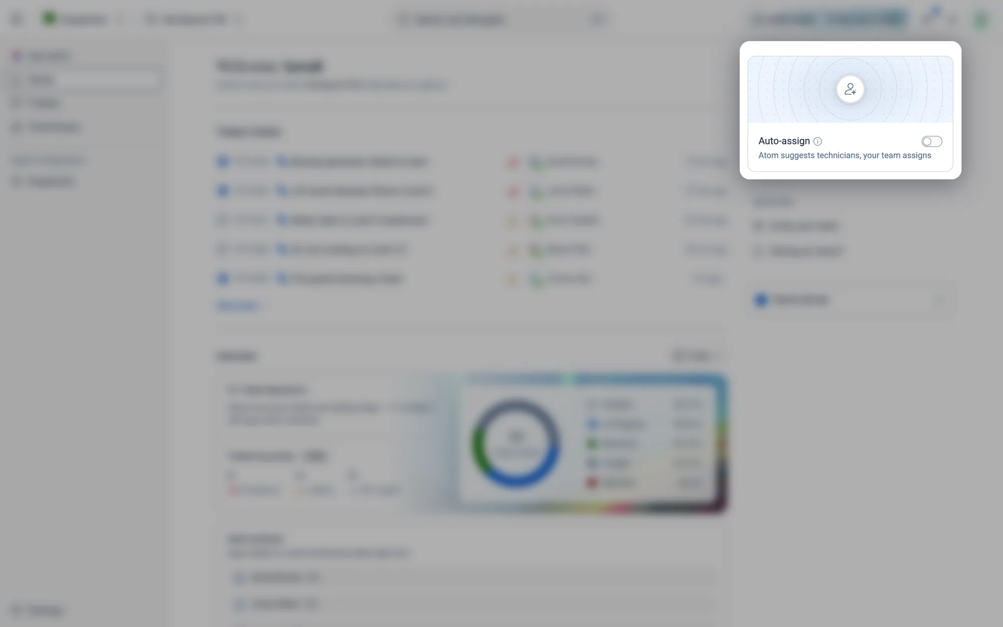 Auto-assign off: Atom suggests technicians, your team assigns.
