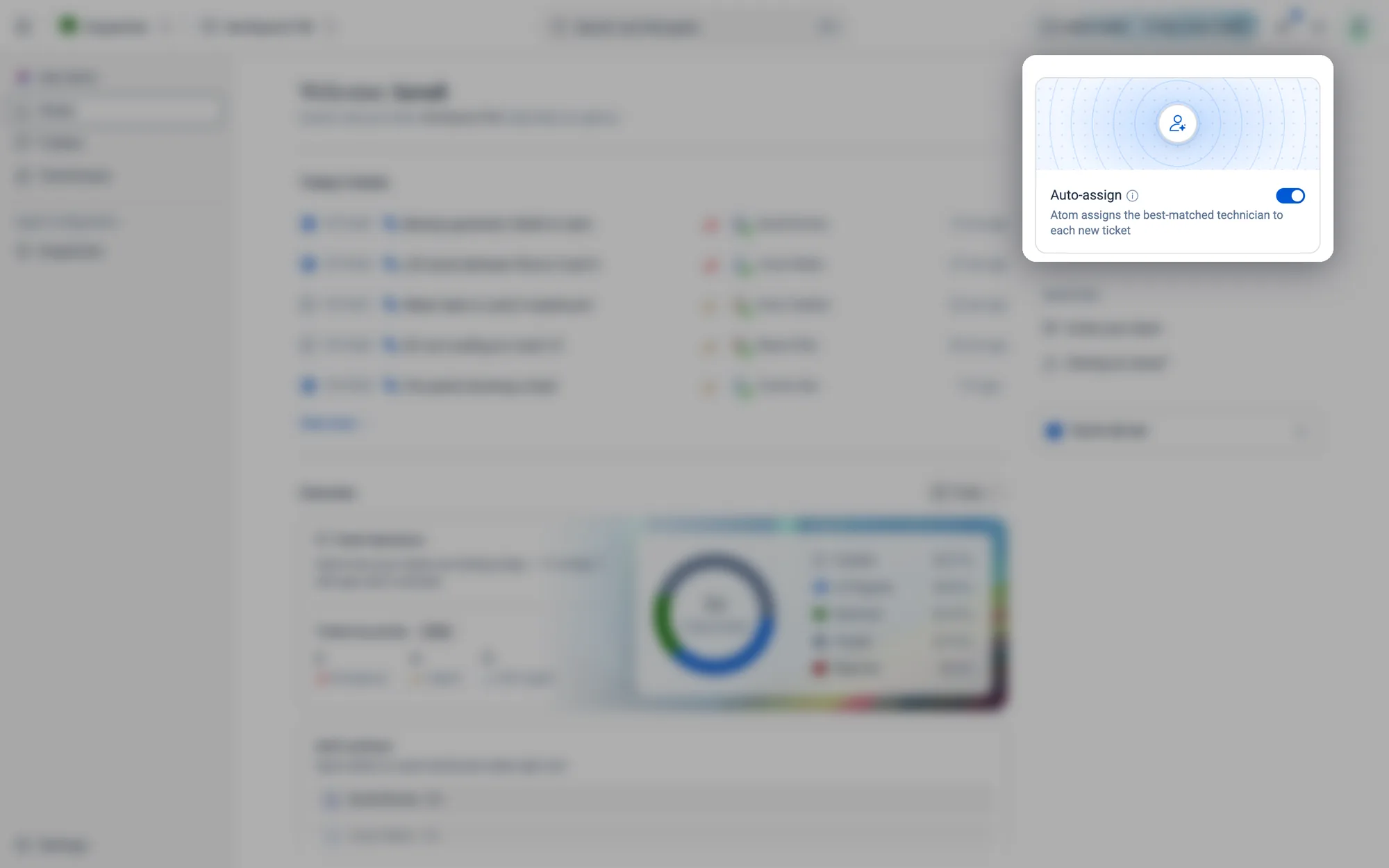 Auto-assign on: Atom assigns the best-matched technician to each new ticket.