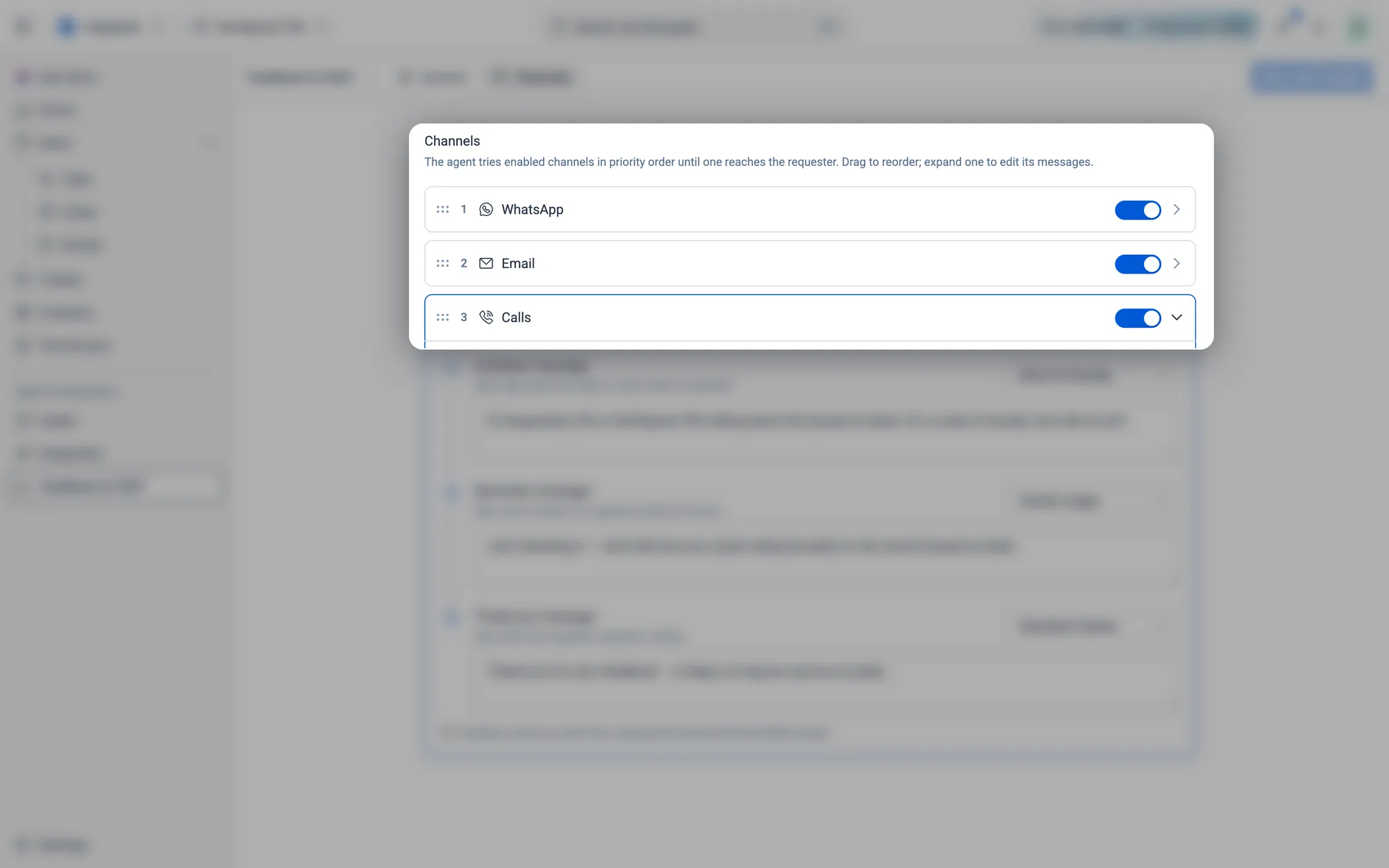 Each channel has a priority number, a switch, and a chevron to open its messages.