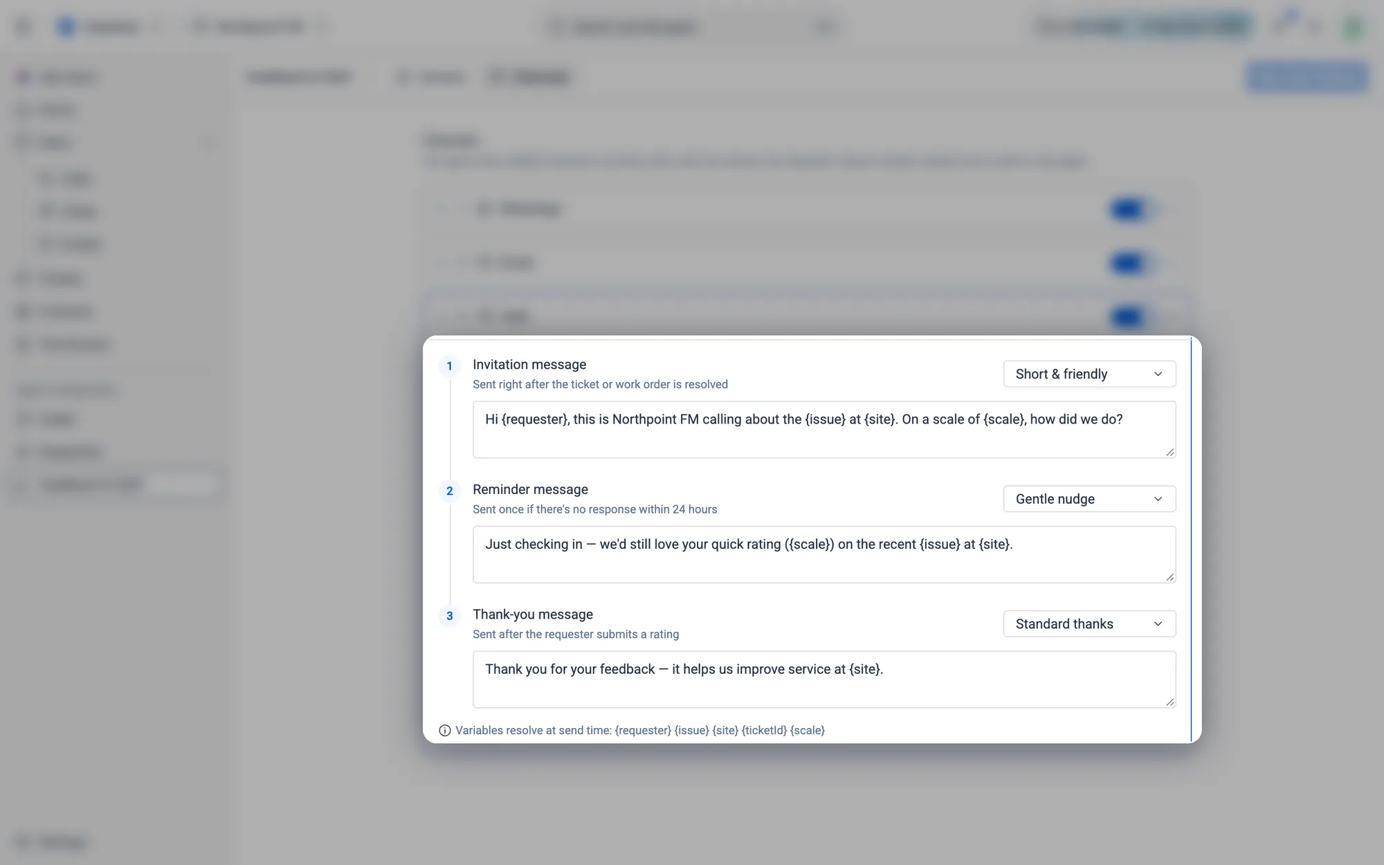 Each channel has three messages: Invitation, Reminder and Thank-you, each with its own tone.