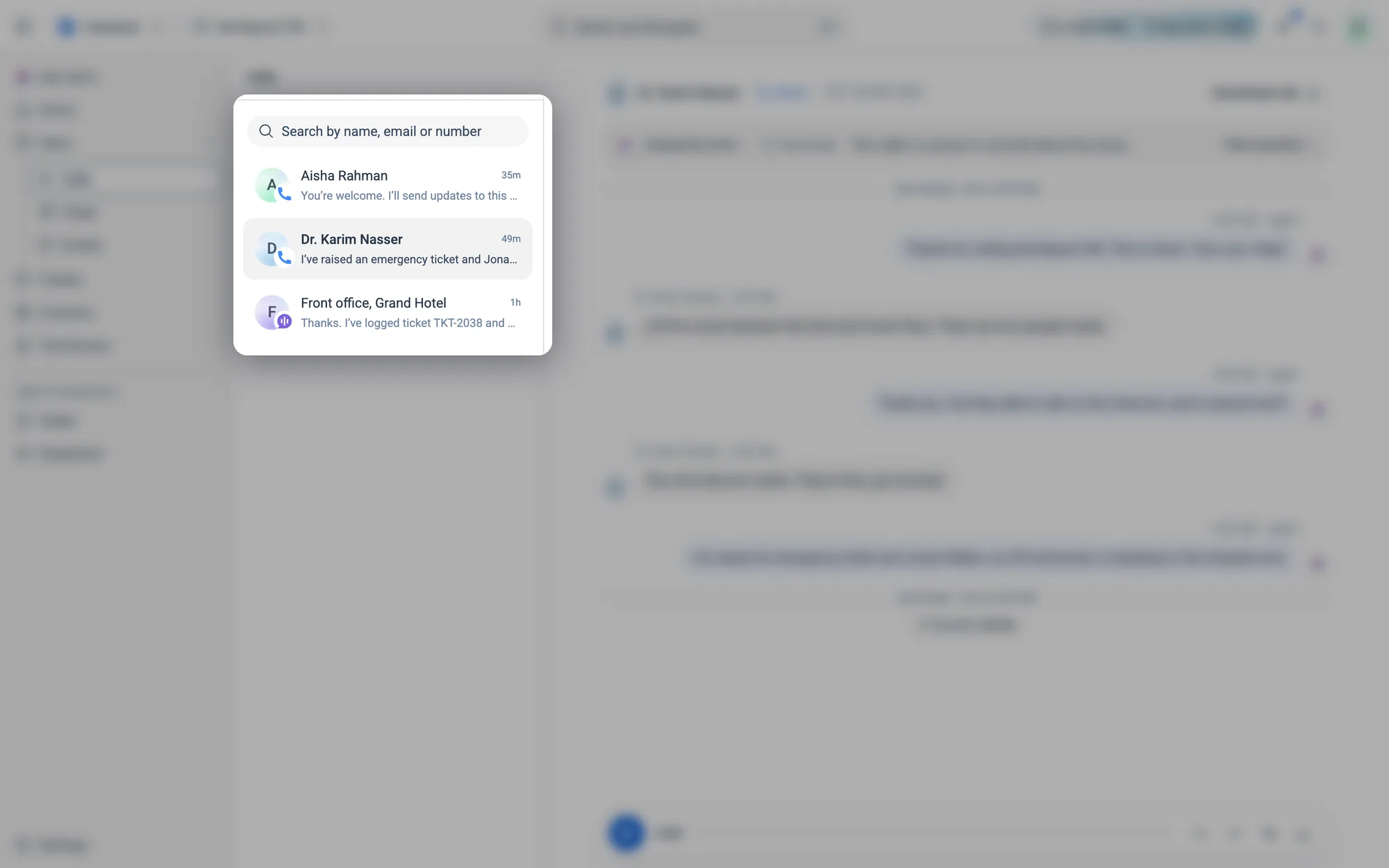 The search box and the conversations, newest first.