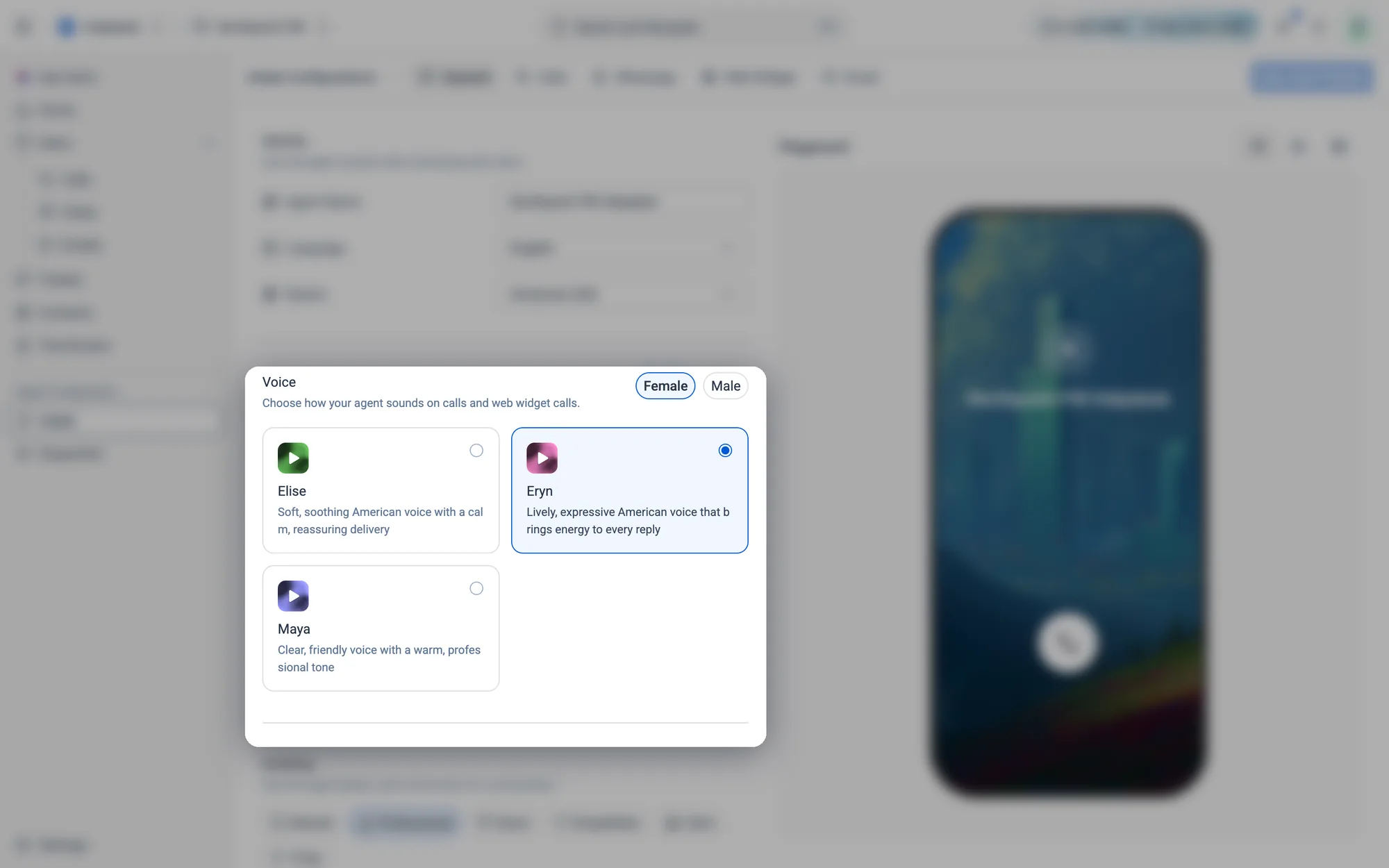 Choose Female or Male, then pick a voice. Press play on a card to hear it.