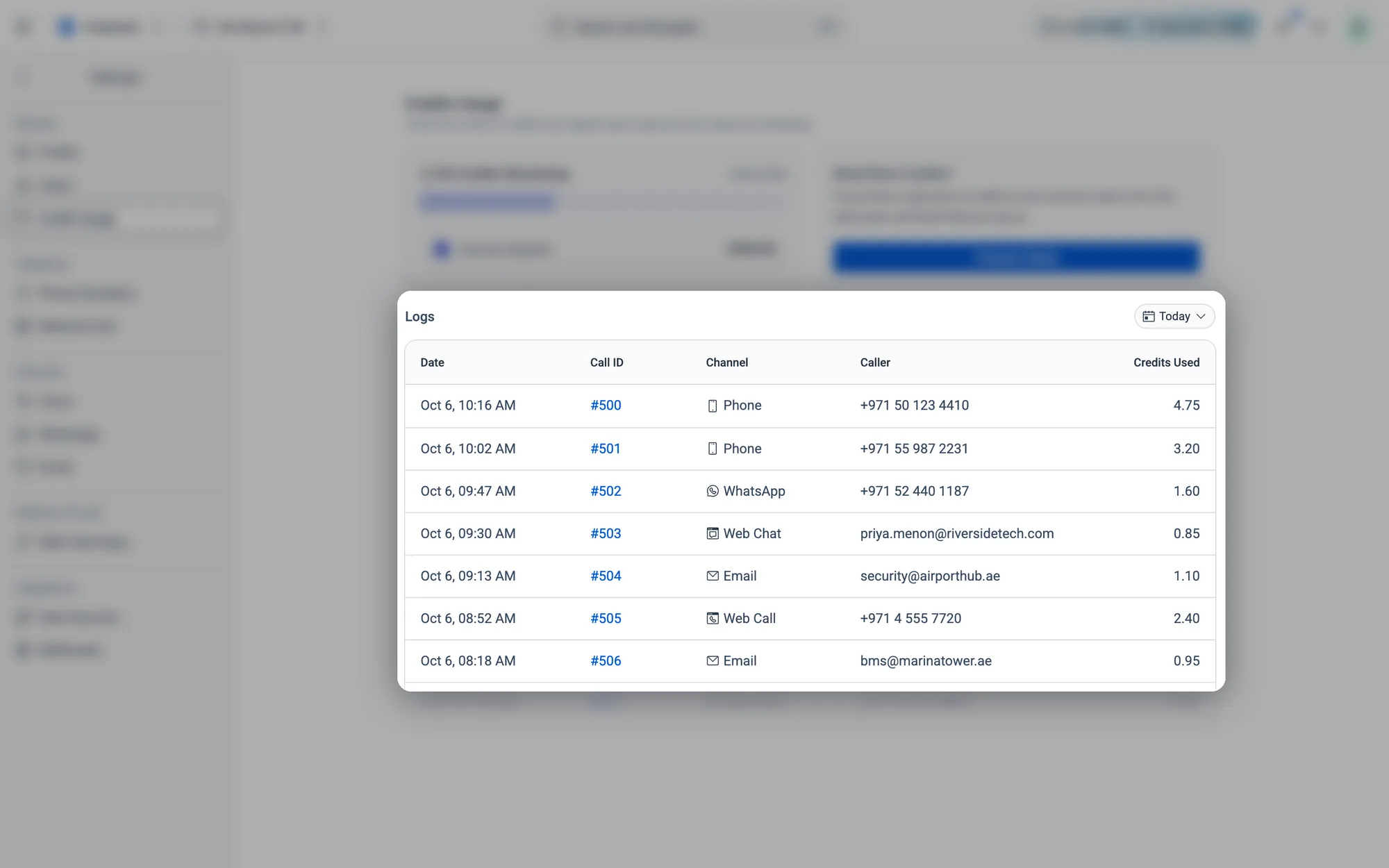 Logs: one row per conversation, with what it cost. The period chip is on the right.
