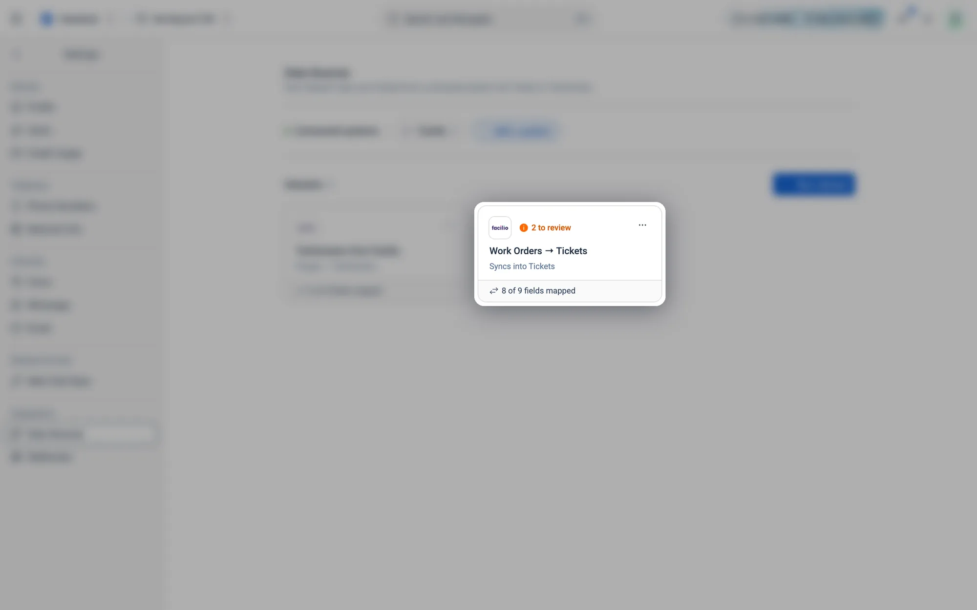 A dataset card: what syncs into what, how many fields are mapped, and a to review note when Atom isn't sure of a match.