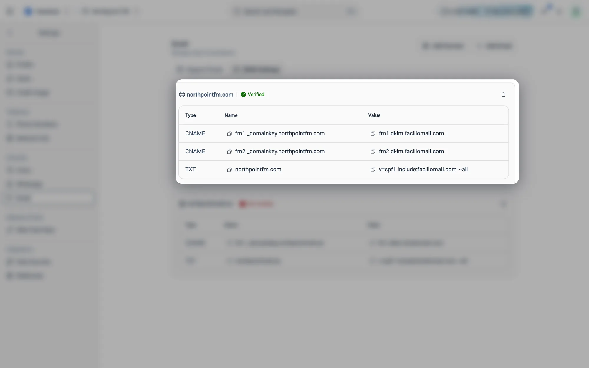A verified domain, with the CNAME and TXT records you added to your DNS.