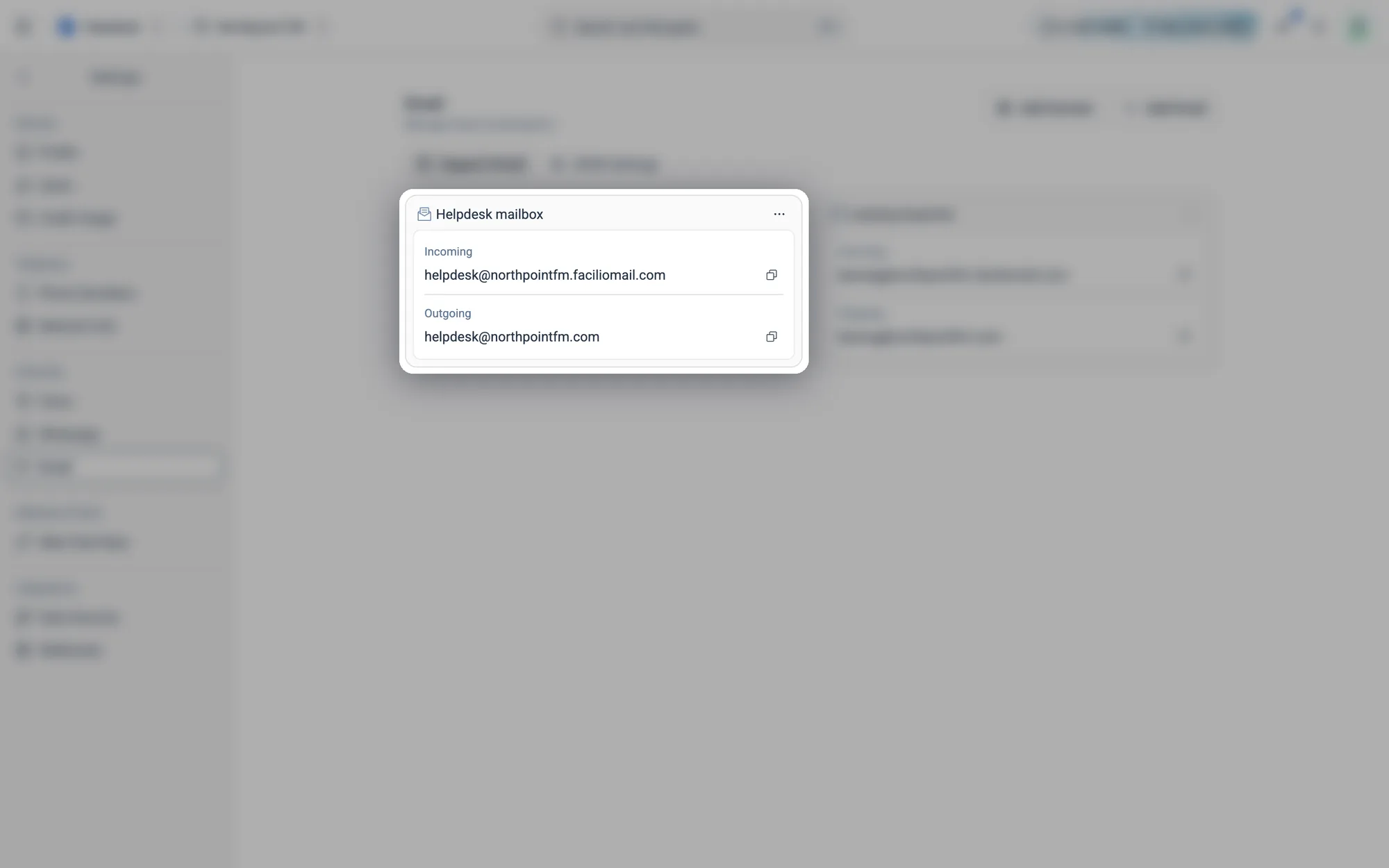 An inbox: the Incoming address tenants write to (via forwarding) and the Outgoing address replies come from. Use the copy icons to grab either.