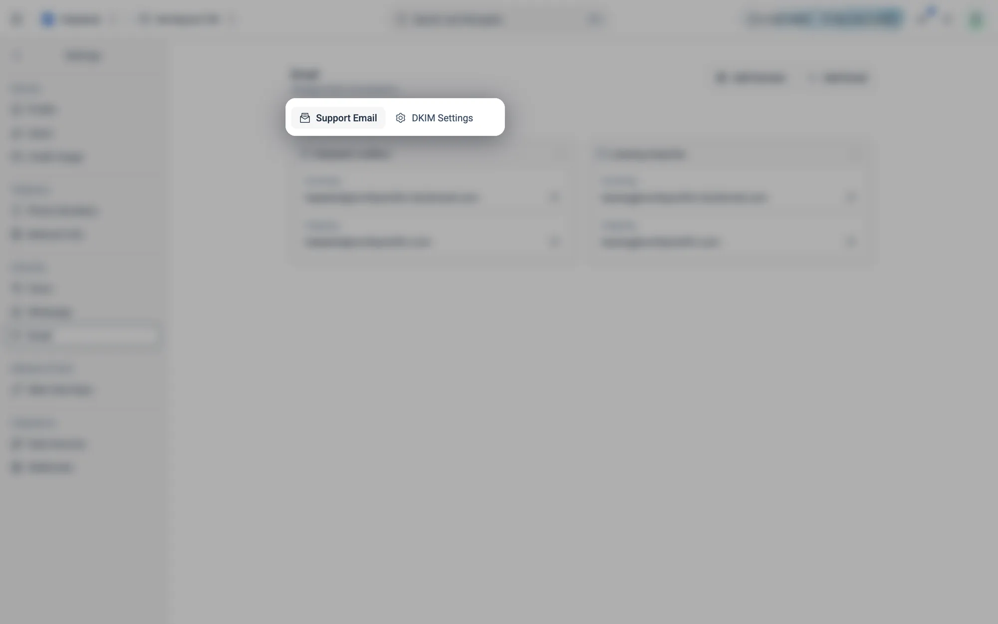 Two tabs: Support Email for your inboxes, and DKIM Settings for your own sending domains.