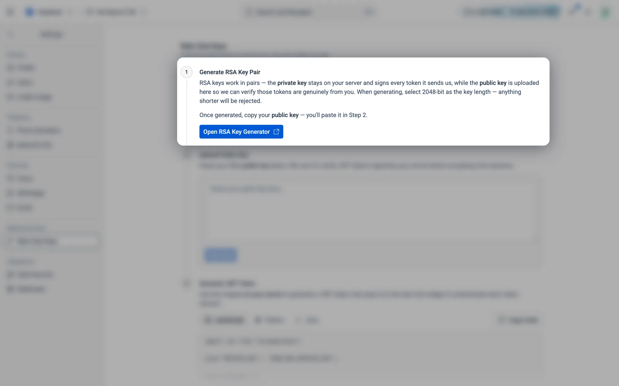 Generate RSA Key Pair: the private key stays on your server, and the public key comes here.