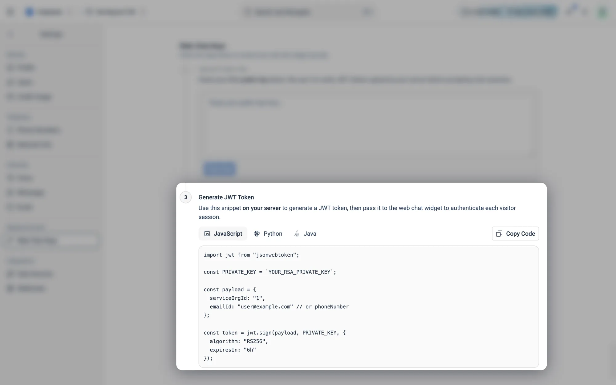Generate JWT Token: the code your server uses to sign visitors in, in JavaScript, Python or Java.