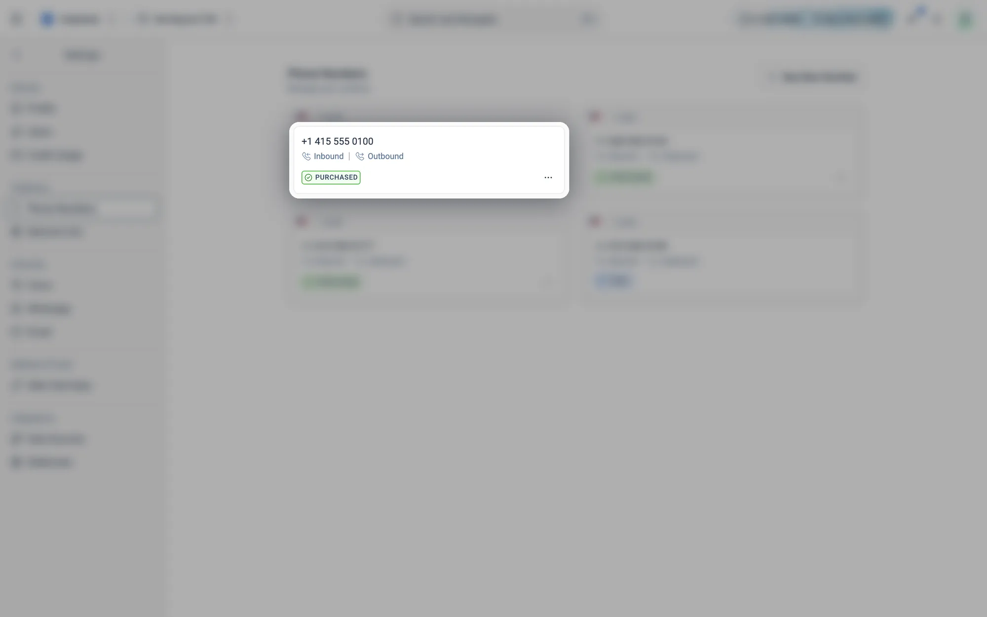 A number you bought: its country, Local or Toll Free, whether it takes Inbound and Outbound calls, and Purchased. The ⋯ menu has Release.