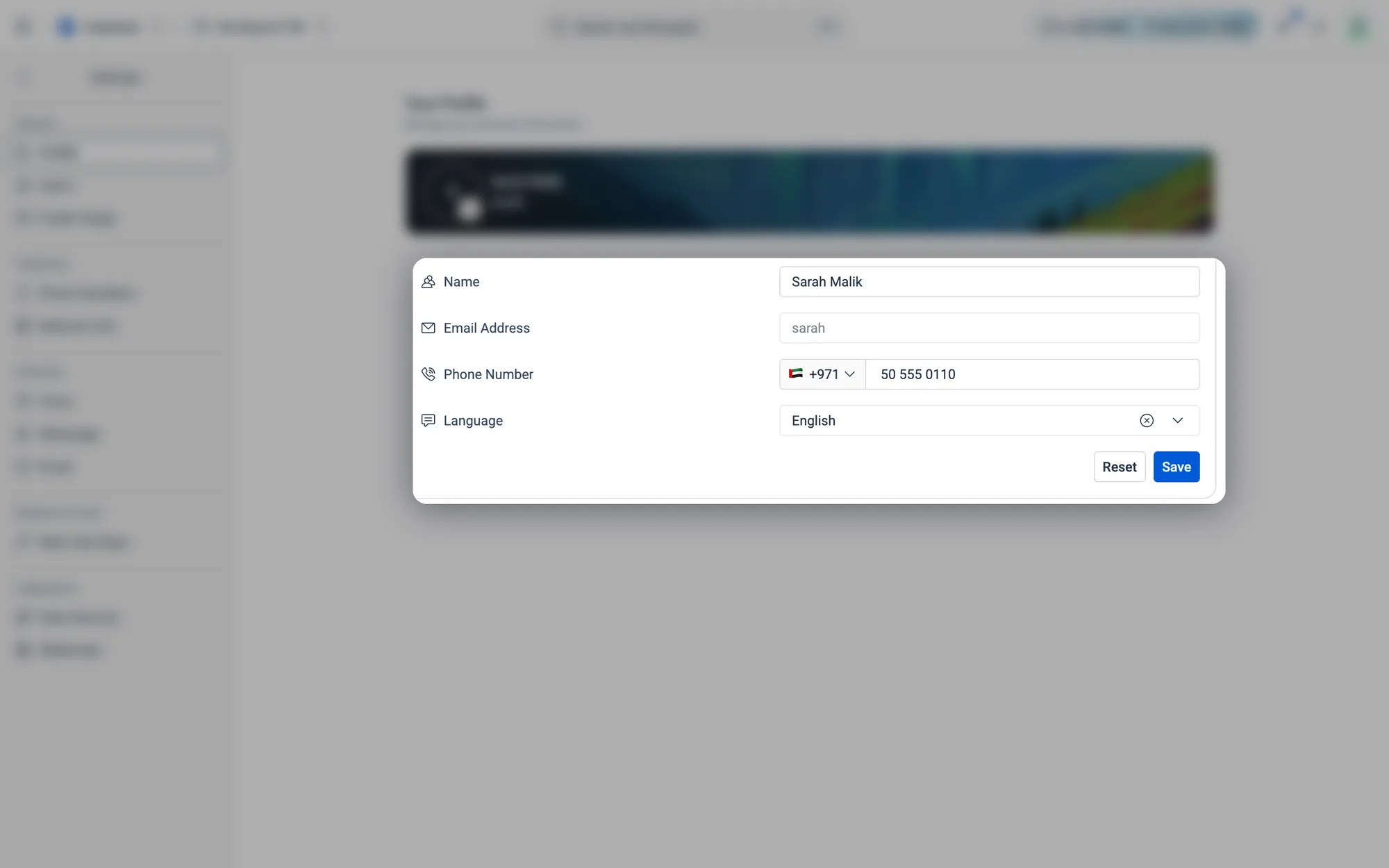 Name, Email Address, Phone Number and Language, with Reset and Save underneath.