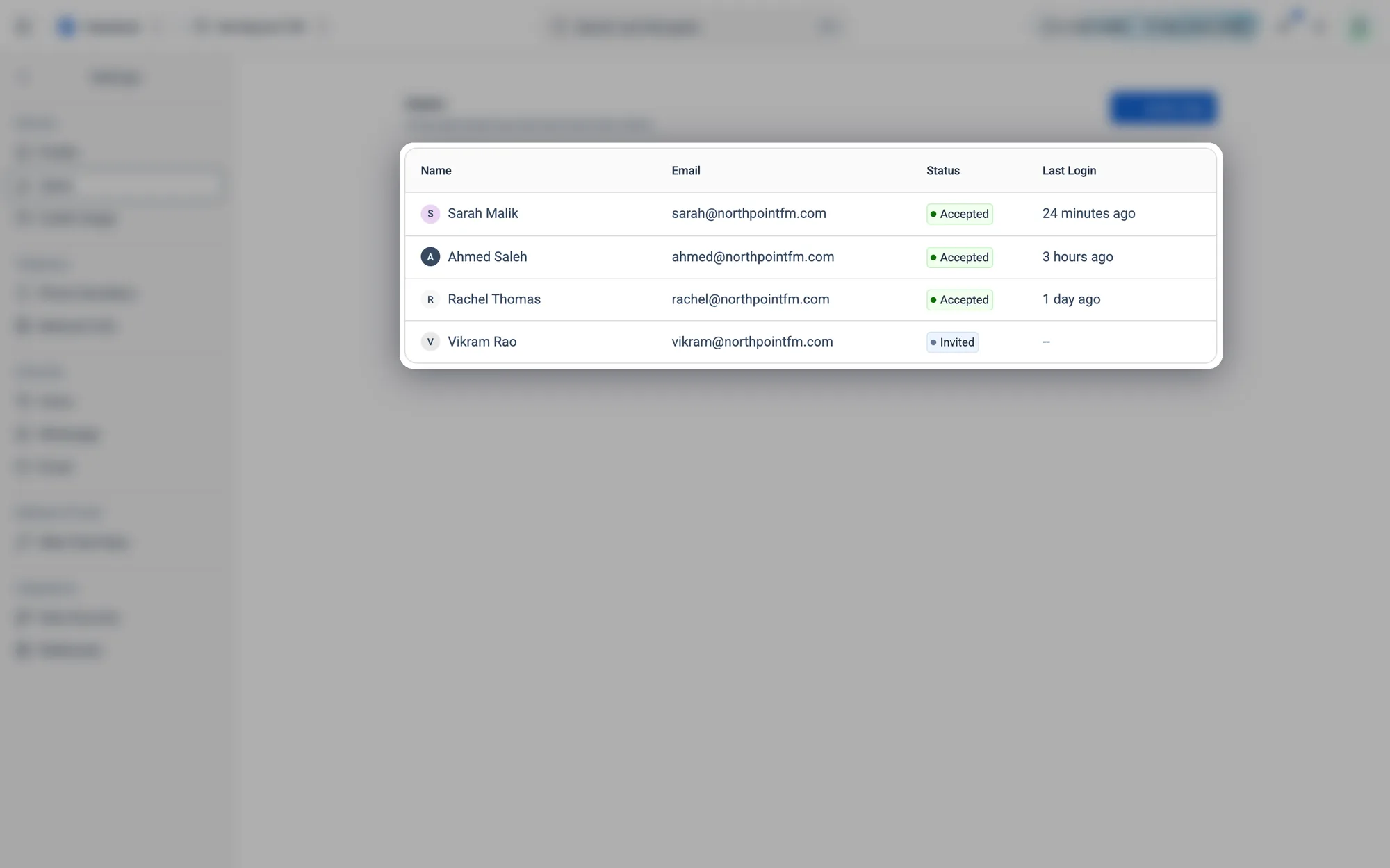 Everyone on your team, with their Status (Accepted or Invited) and Last Login.