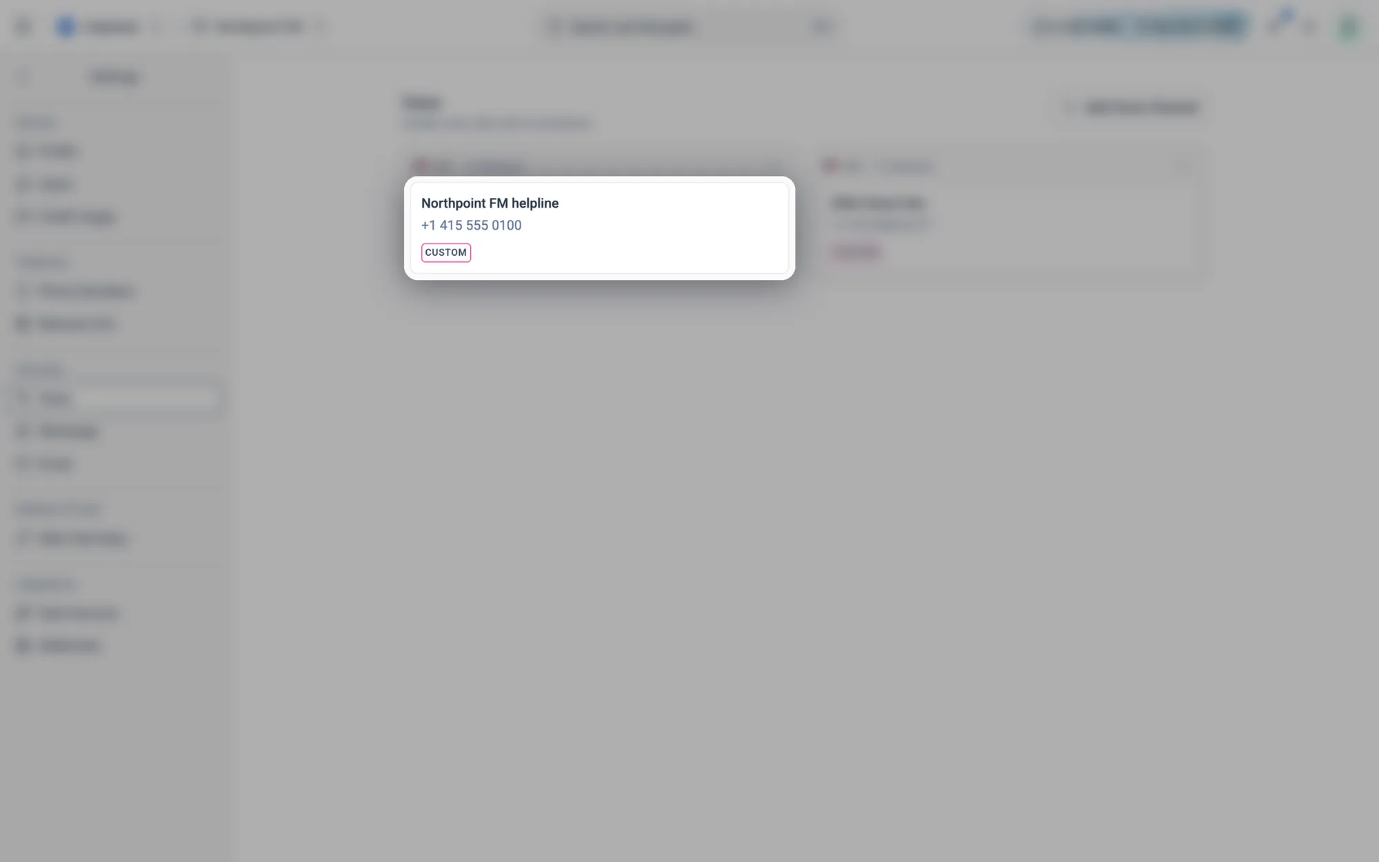 A voice channel: its name, its number, and Custom, SIP or Trial.
