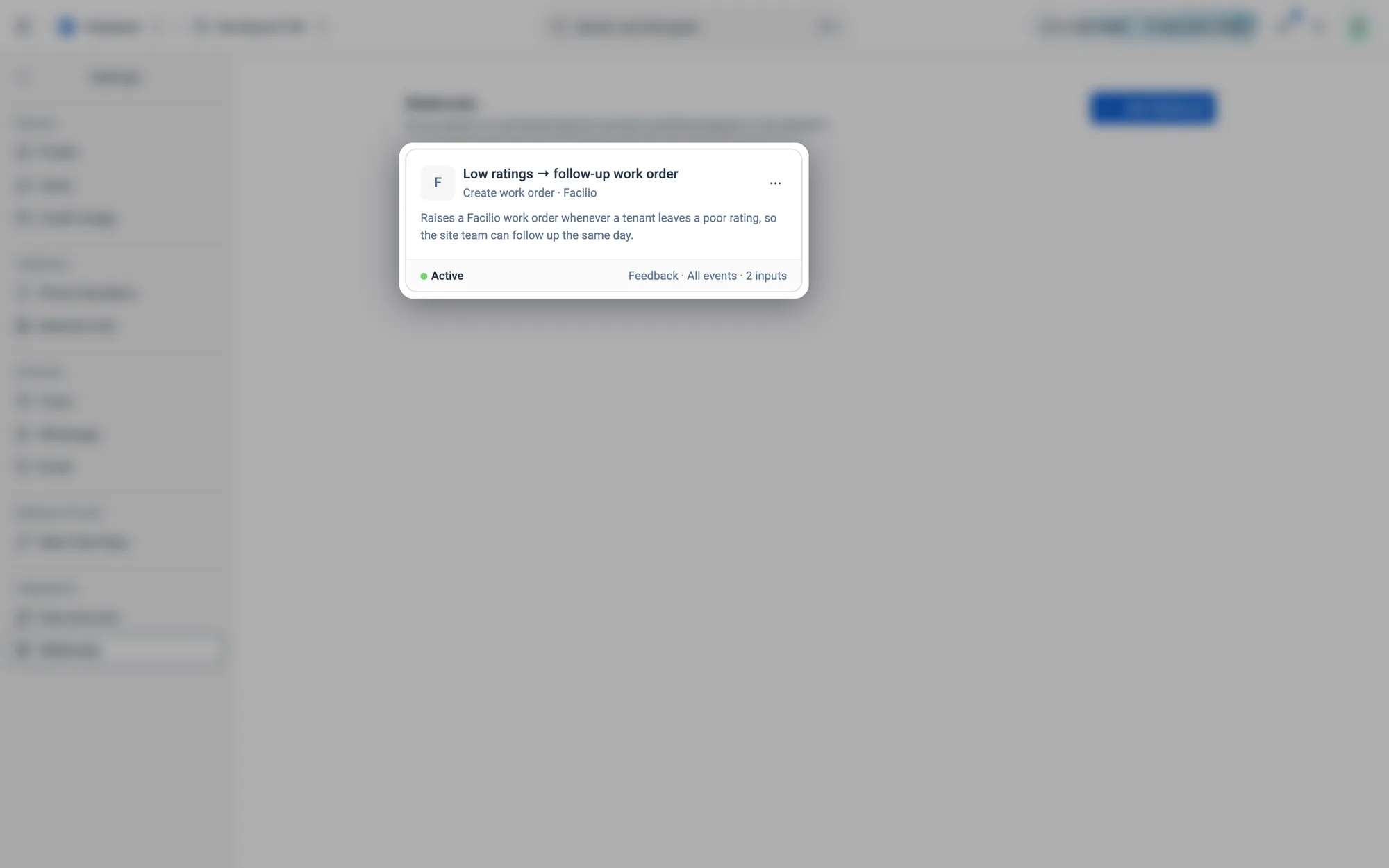 A webhook card: its name, the action and app, Atom's summary, and Active or Paused with the trigger underneath.