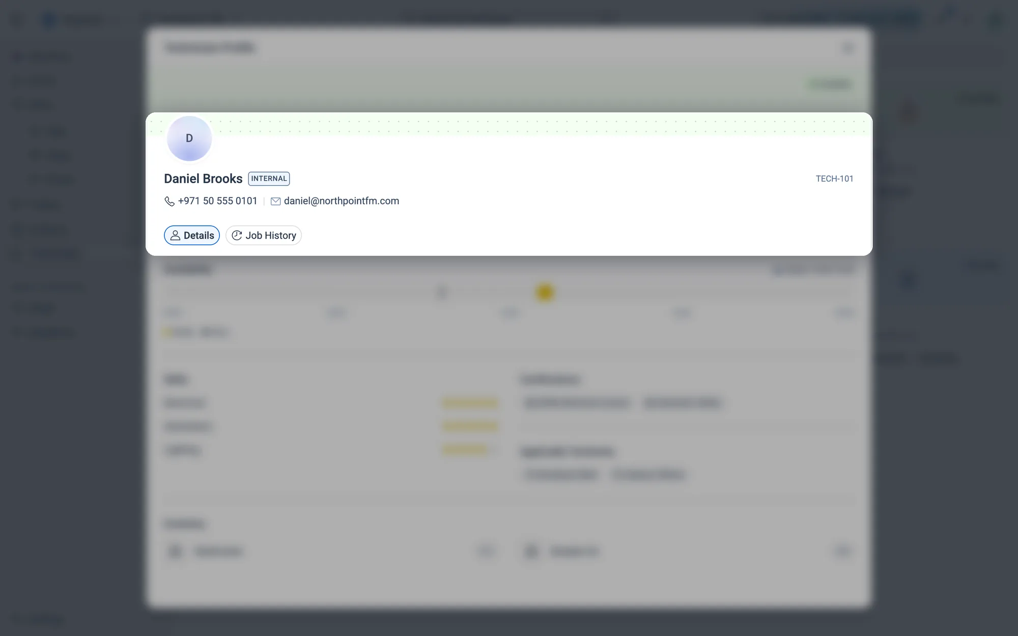 Name, Internal or External, phone, email and their technician ID, with the Details and Job History tabs.