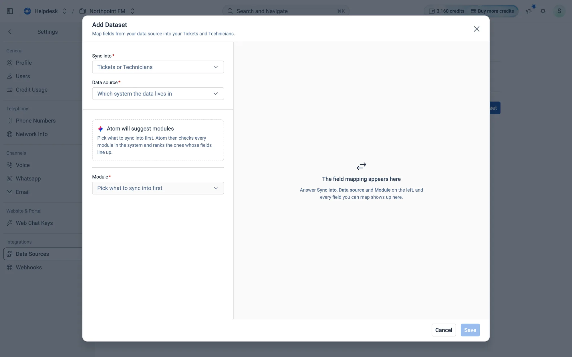 The Add Dataset dialog: questions on the left, the field mapping on the right.