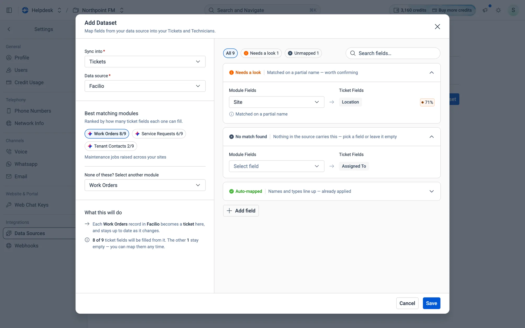 Fields are matched for you. Check anything under Needs a look, and pick a field for anything under No match found.