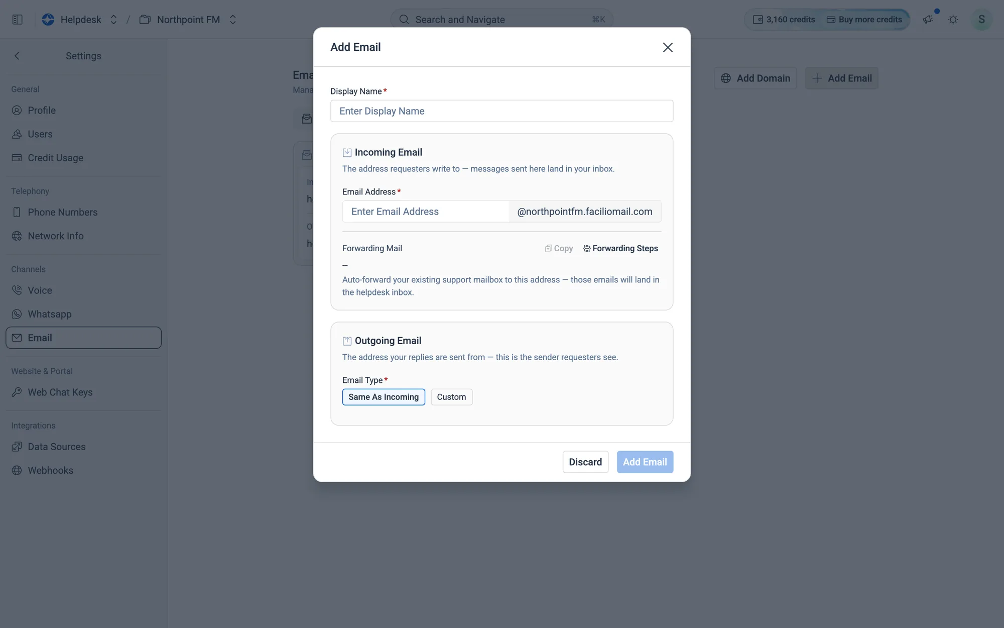 The Add Email dialog has two parts: Incoming Email and Outgoing Email.