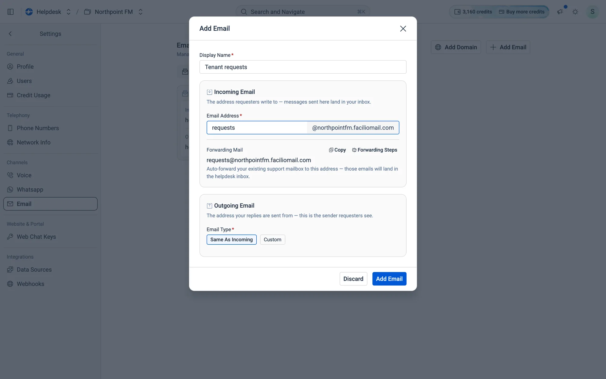 The Forwarding Mail address appears as soon as you type.