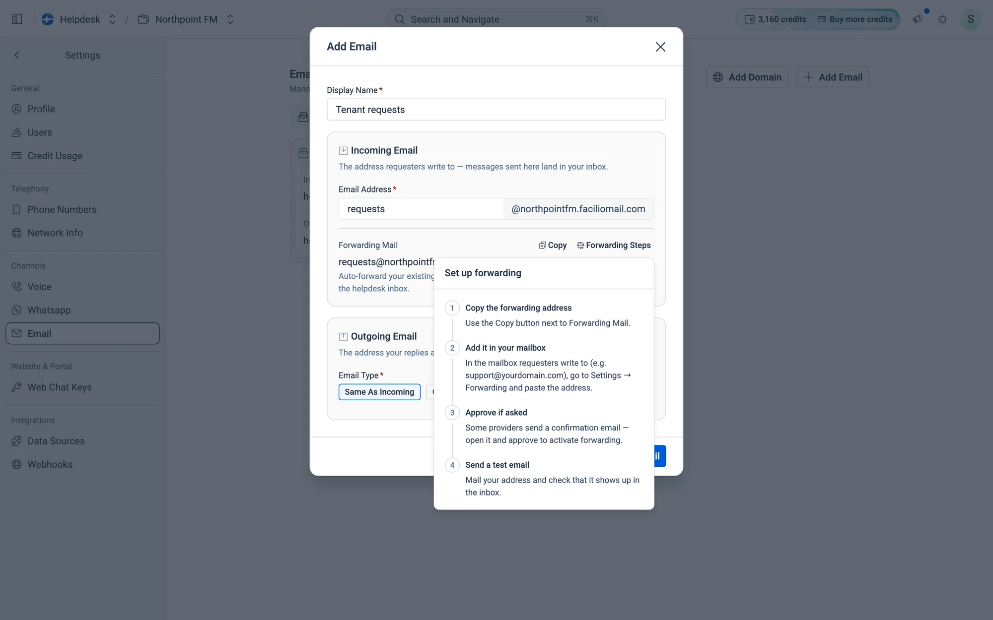 Set up forwarding: copy the address, add it in your mailbox, approve if asked, then send a test email.