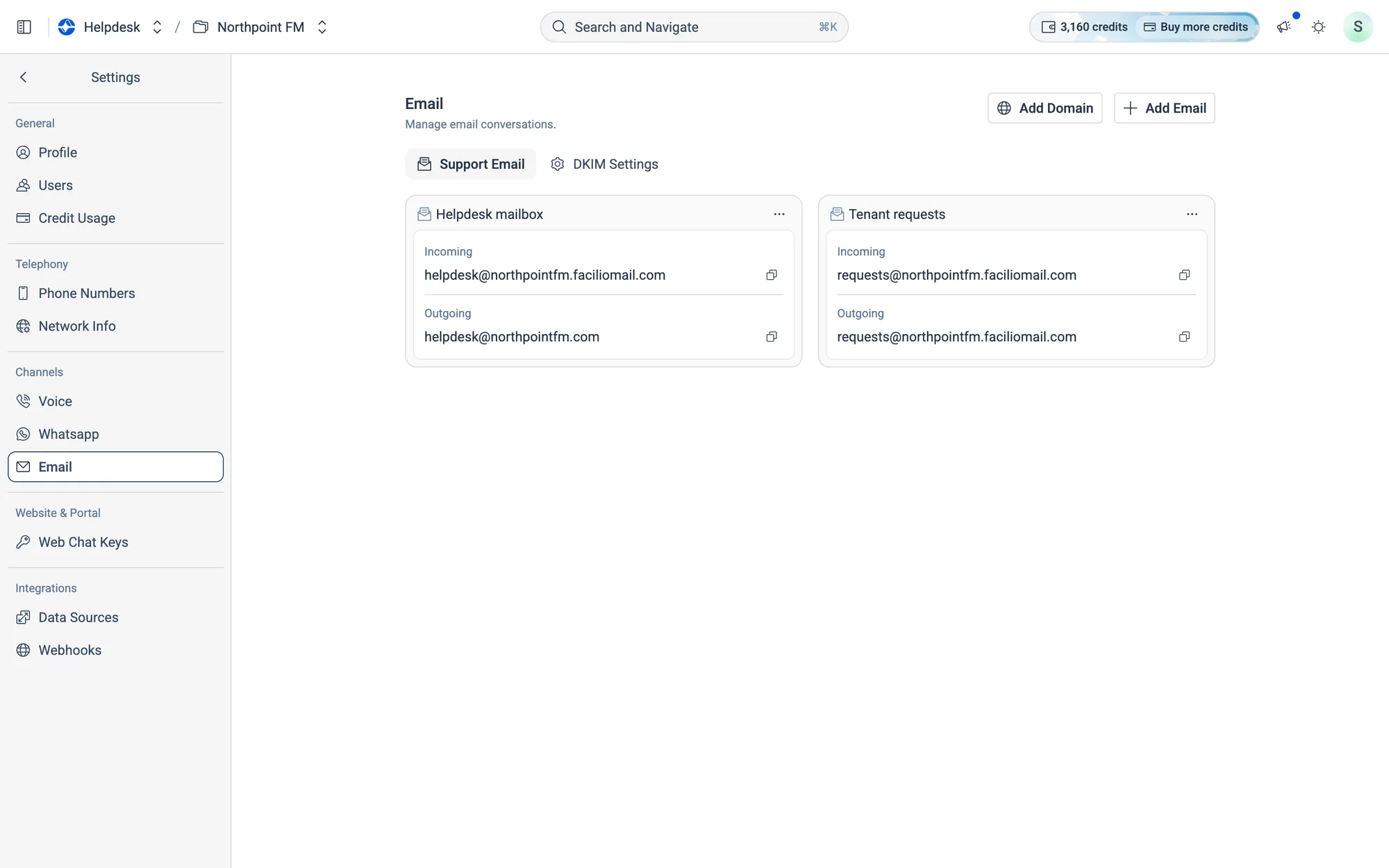 The new inbox appears with its Incoming and Outgoing addresses.
