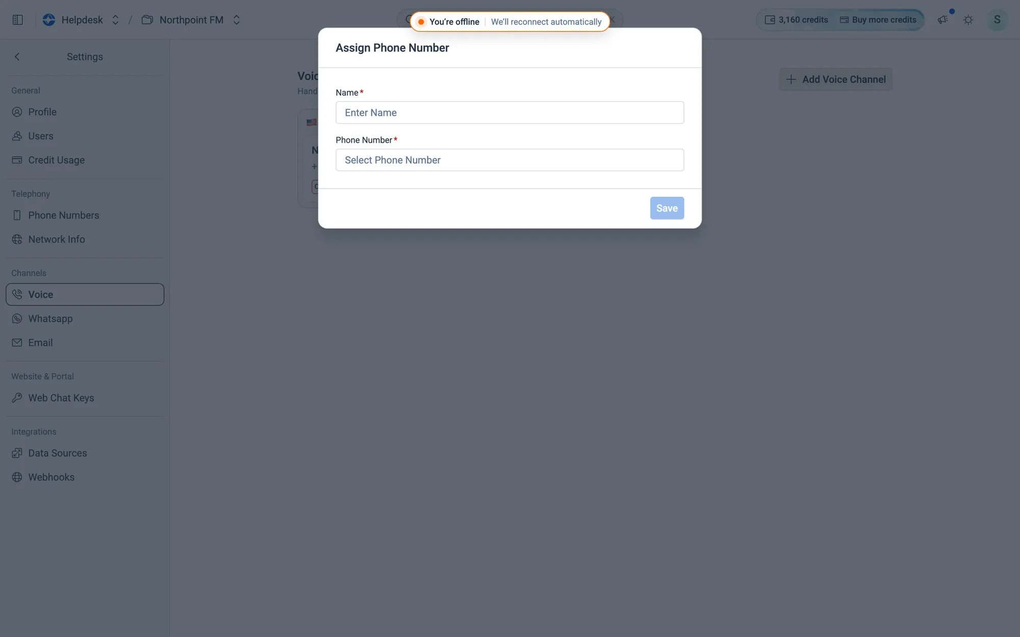 The Assign Phone Number dialog.