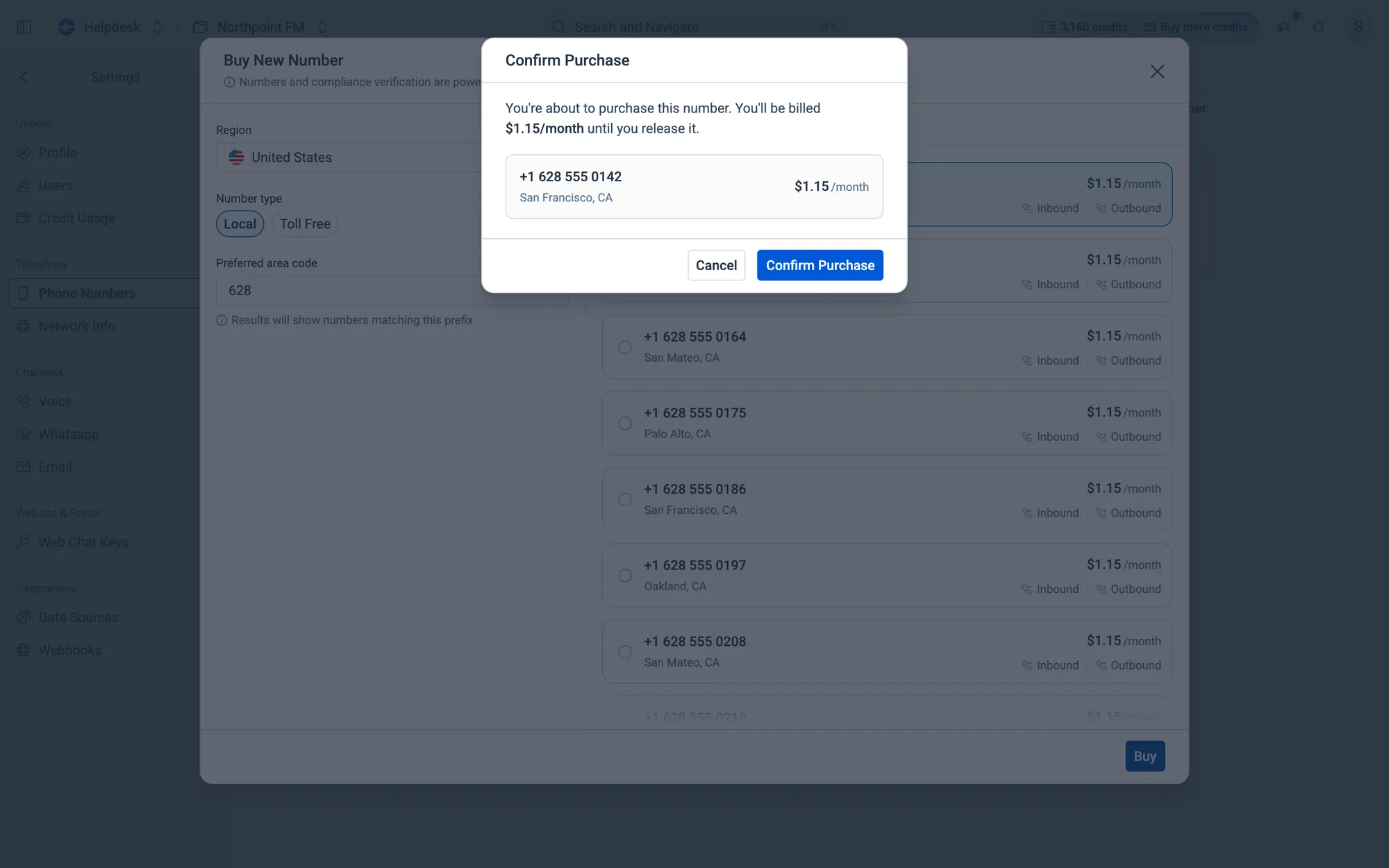 Check the number and its monthly price before you confirm.