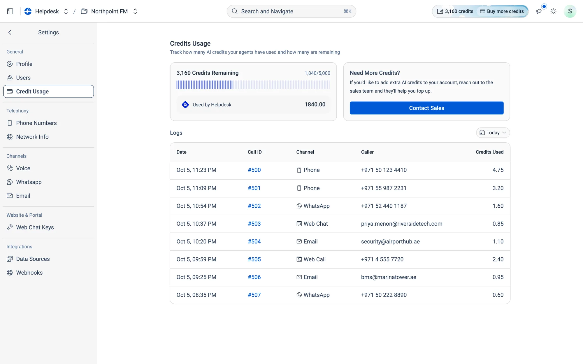 The log for today: calls, WhatsApp and web chats, web calls and emails, each with what it cost.