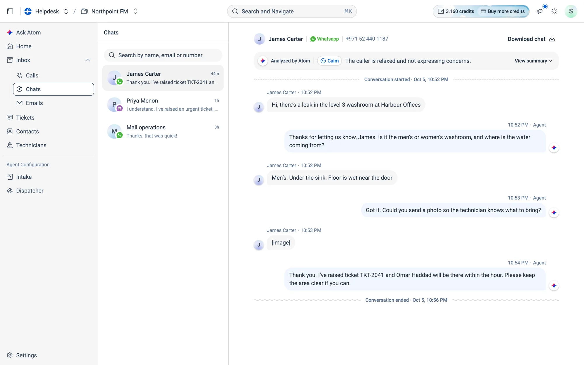 Clicking a WhatsApp row opens the chat in Inbox › Chats, with Atom's summary at the top.